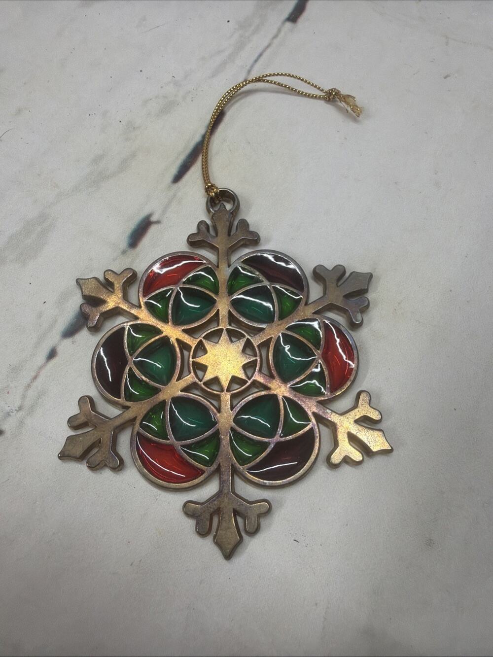 Vintage Faux Stained Glass and Brass Snowflake Ornament Dated 1986
